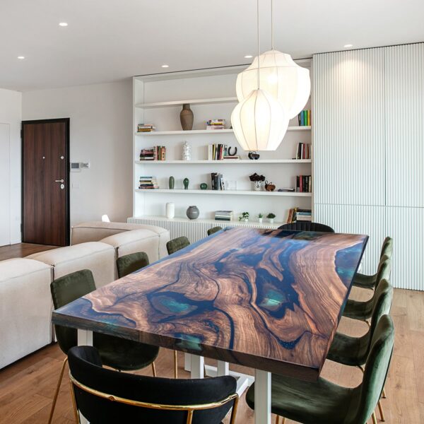 Modedo Black Walnut Table – Dark Green Resin, 104" x 50"